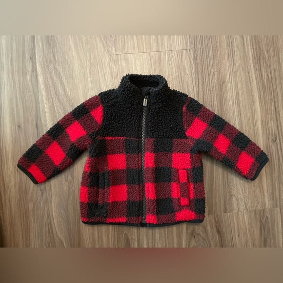 Old Navy Baby Boy Red and Black Checkered Sherpa Fleece Jacket size 3-6M - Picture 1 of 4
